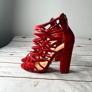 Schutz Cage Sandals Red Suede Cutout Lattice Block Heel Size 8B